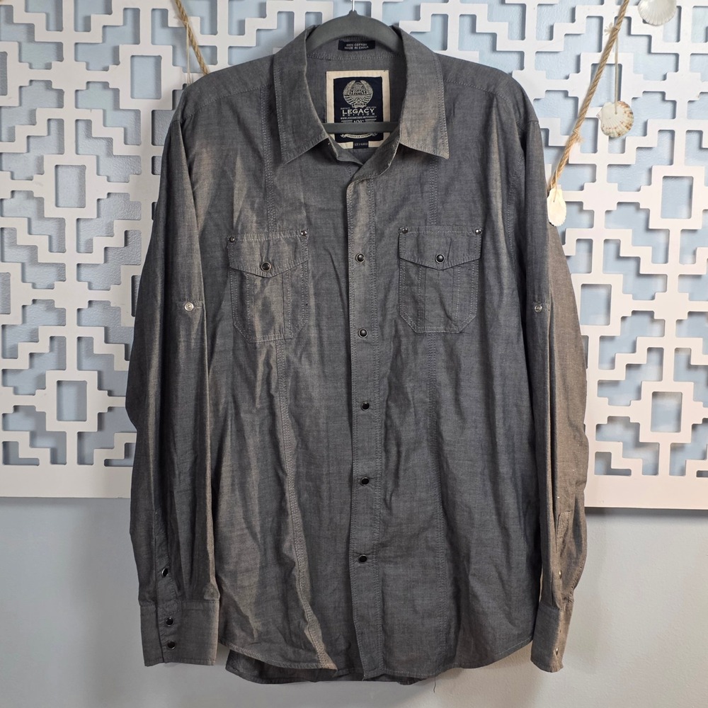 Jordan Craig Legacy Edition Mens XL Gray Cotton Snap Button Roll Tab Shirt